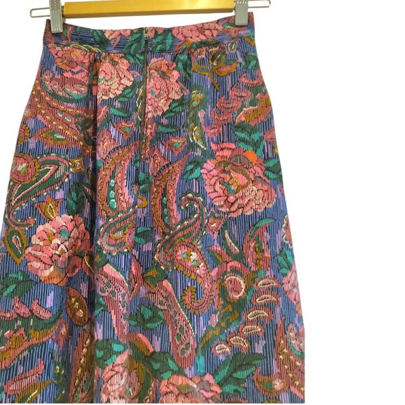Vintage Bohemian Pleated Folk Midi Skirt Floral Paisely Cottagecore with Pockets - Picture 6 of 16